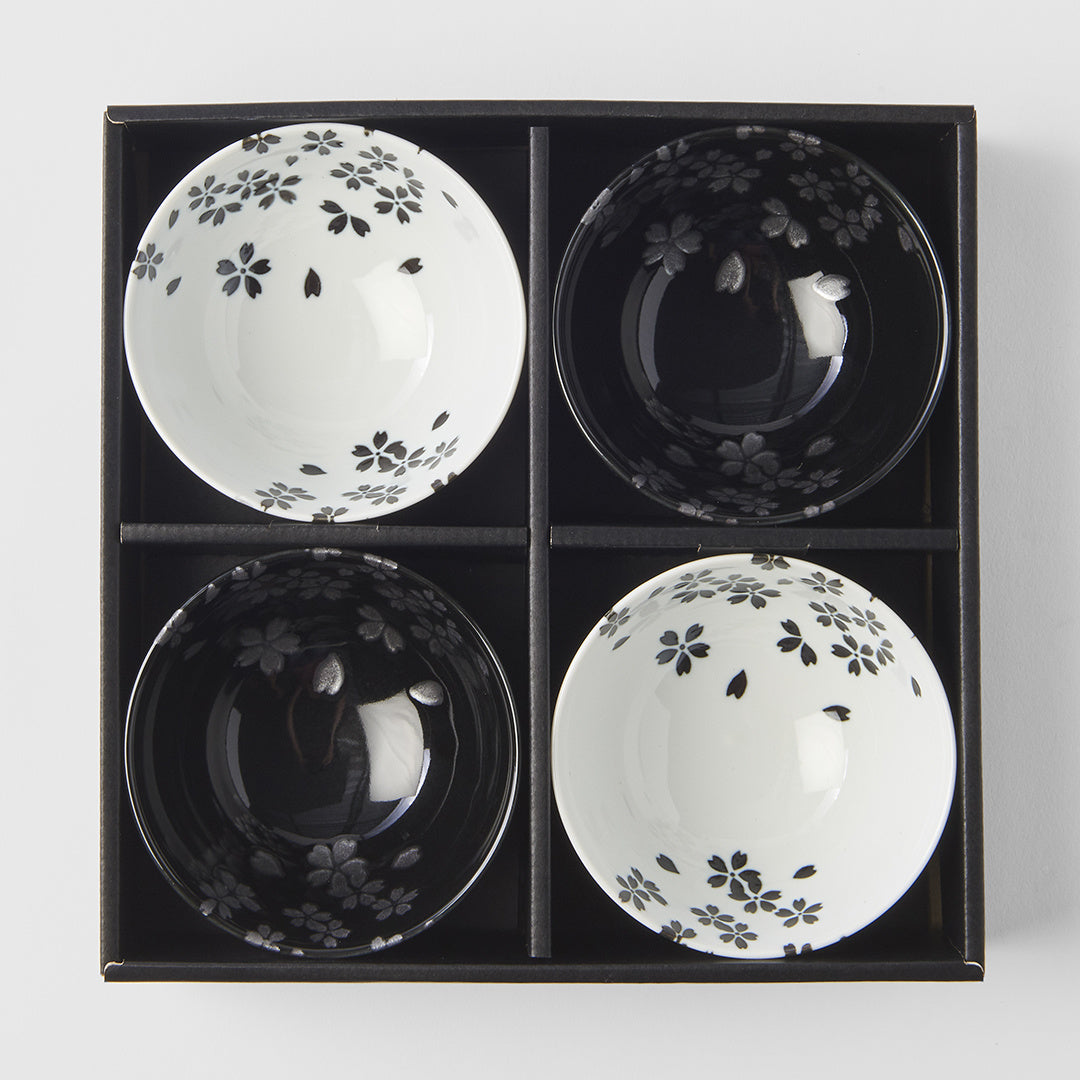 Black & white sakura 4 piece boxed bowl set 11.5cm