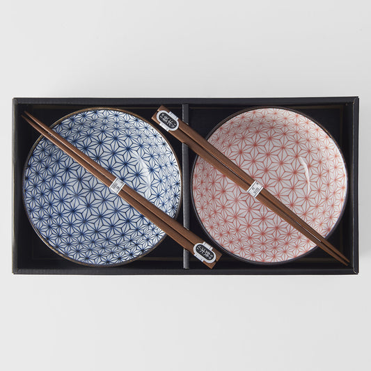 Asanoha red and blue 2 piece boxed bowl set 15cm