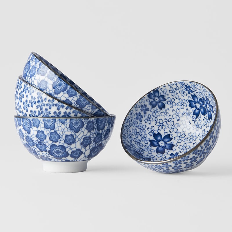 Blue plum & cherry blossom 4 piece boxed bowl set 12cm