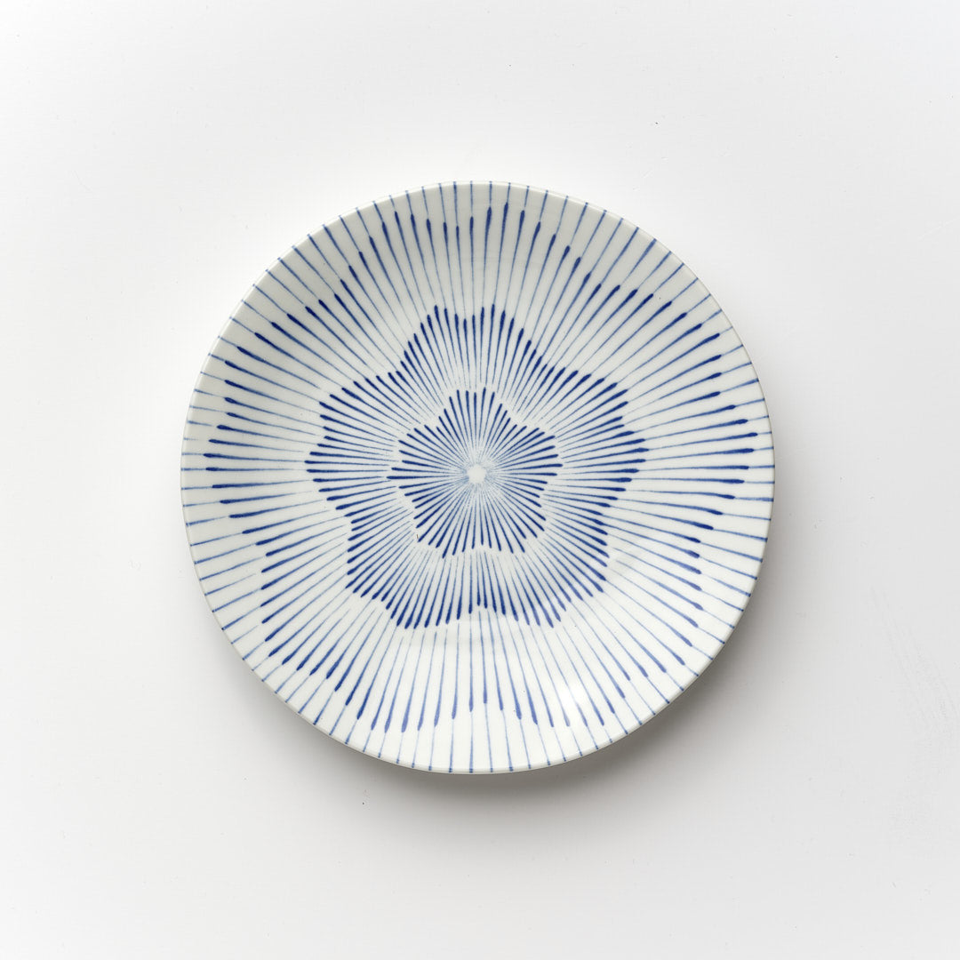 Stylised blue flower on white dinner plate 23cm