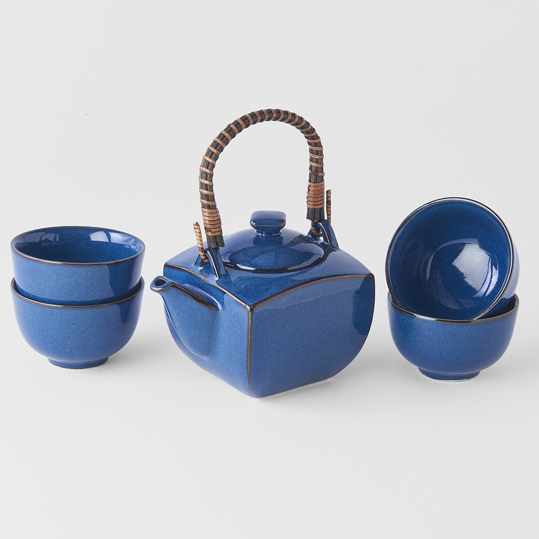 Blue teapot with 4 cups boxed tea set