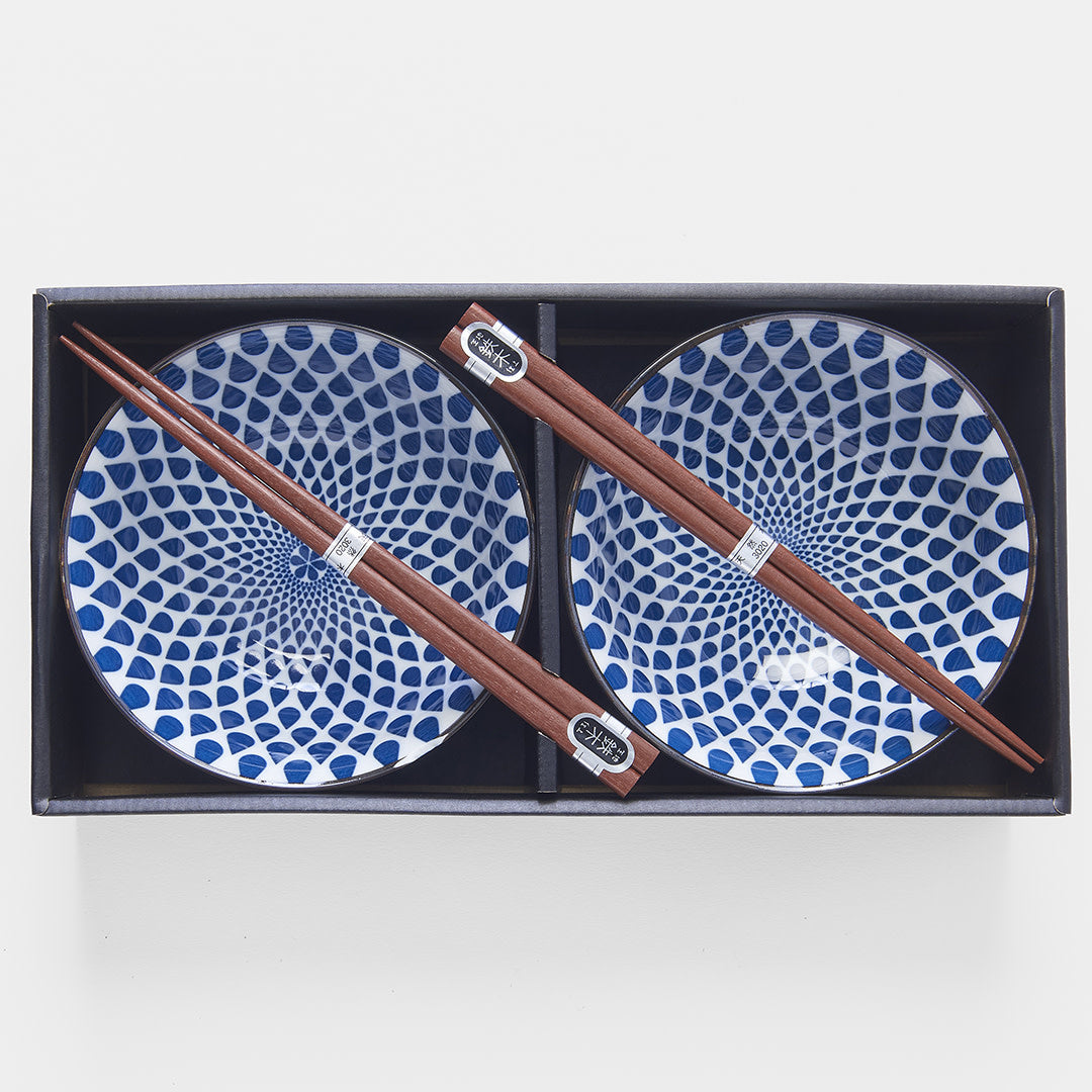 White with blue tear drop 2 piece boxed bowl set 15cm