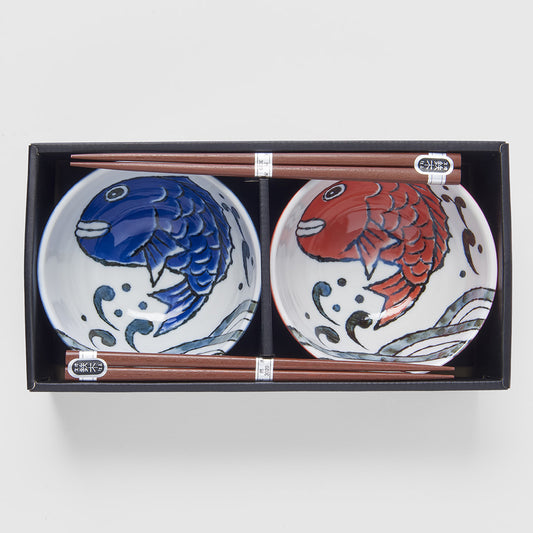 Red and blue on white manga fish 2 piece boxed bowl set 15cm