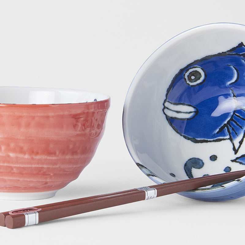 Red and blue on white manga fish 2 piece boxed bowl set 15cm