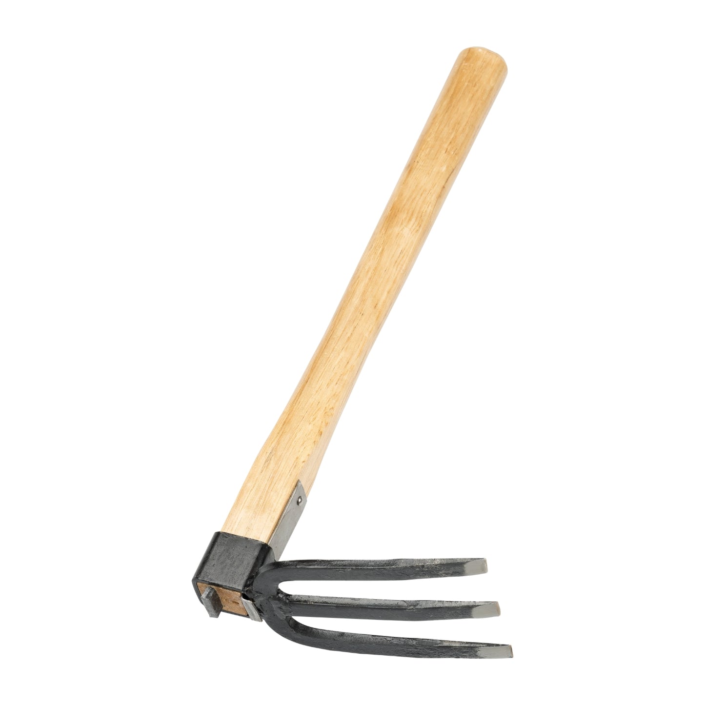 Gardening tool with wooden handle and metal prongs on a white background