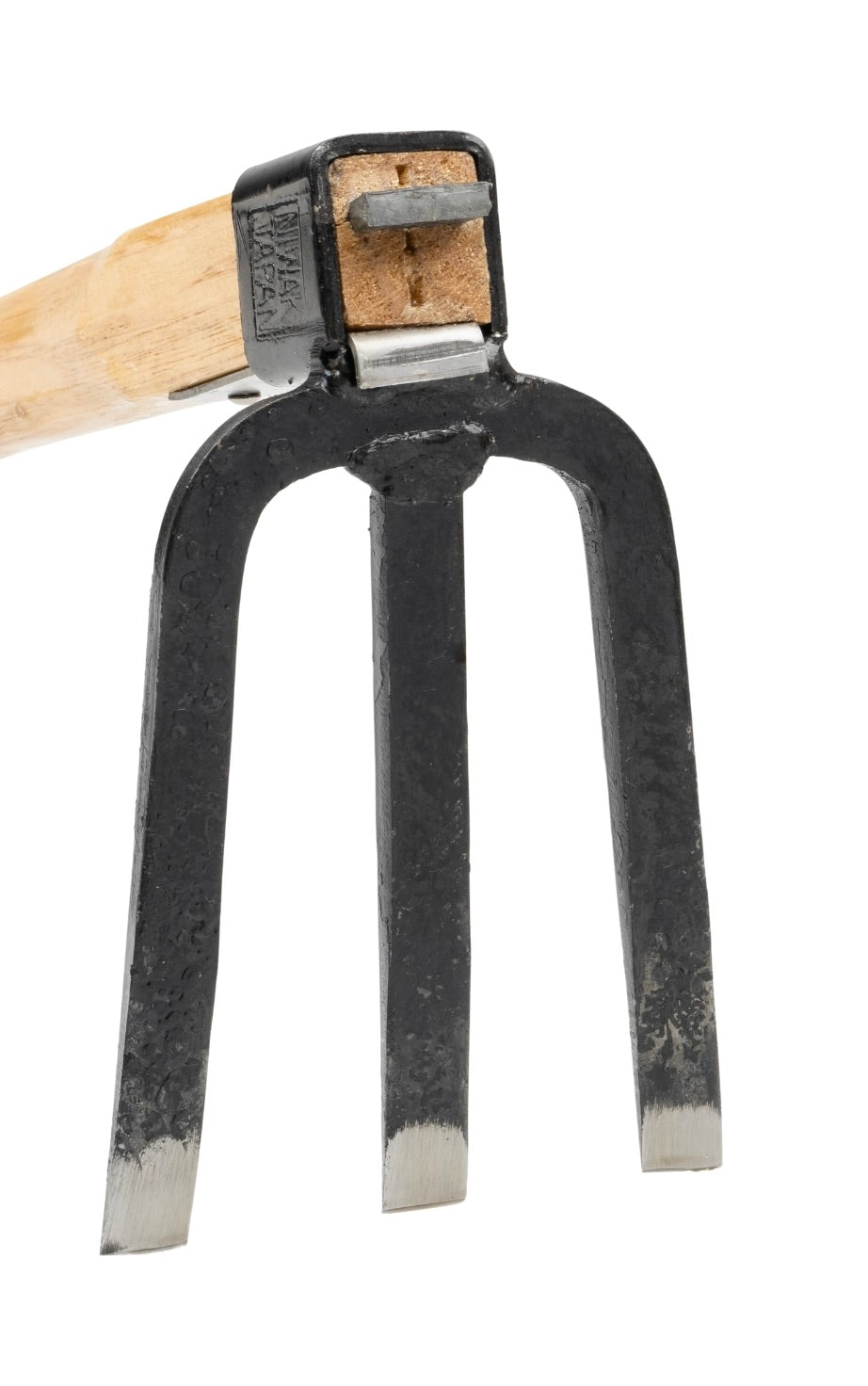 Gardening tool with wooden handle and metal prongs on a white background