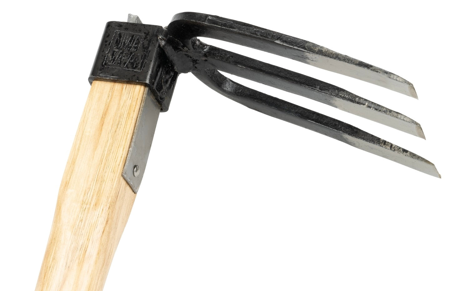 Gardening tool with wooden handle and metal tines on a white background