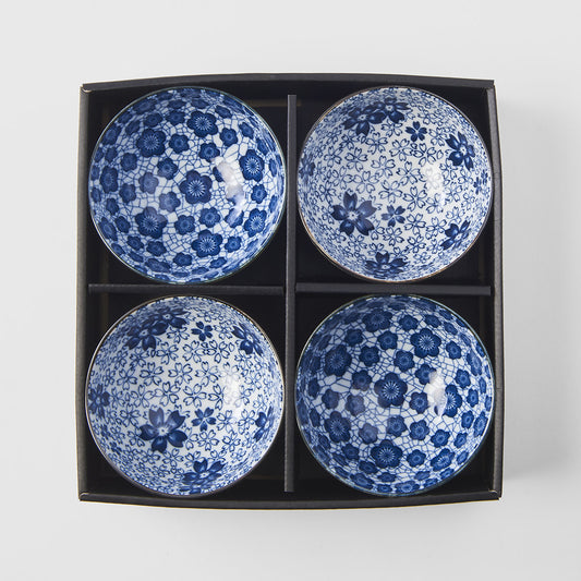 Blue plum & cherry blossom 4 piece boxed bowl set 12cm