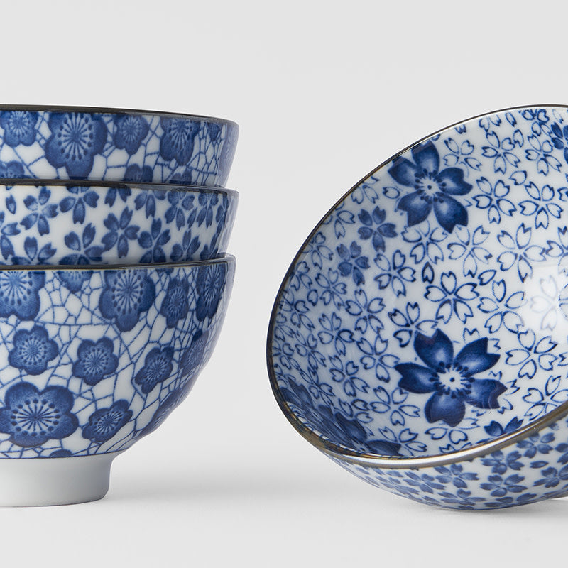 Blue plum & cherry blossom 4 piece boxed bowl set 12cm