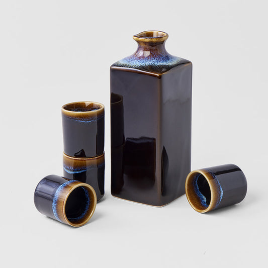 Dark brown with blue line jug & 4 cups boxed sake set