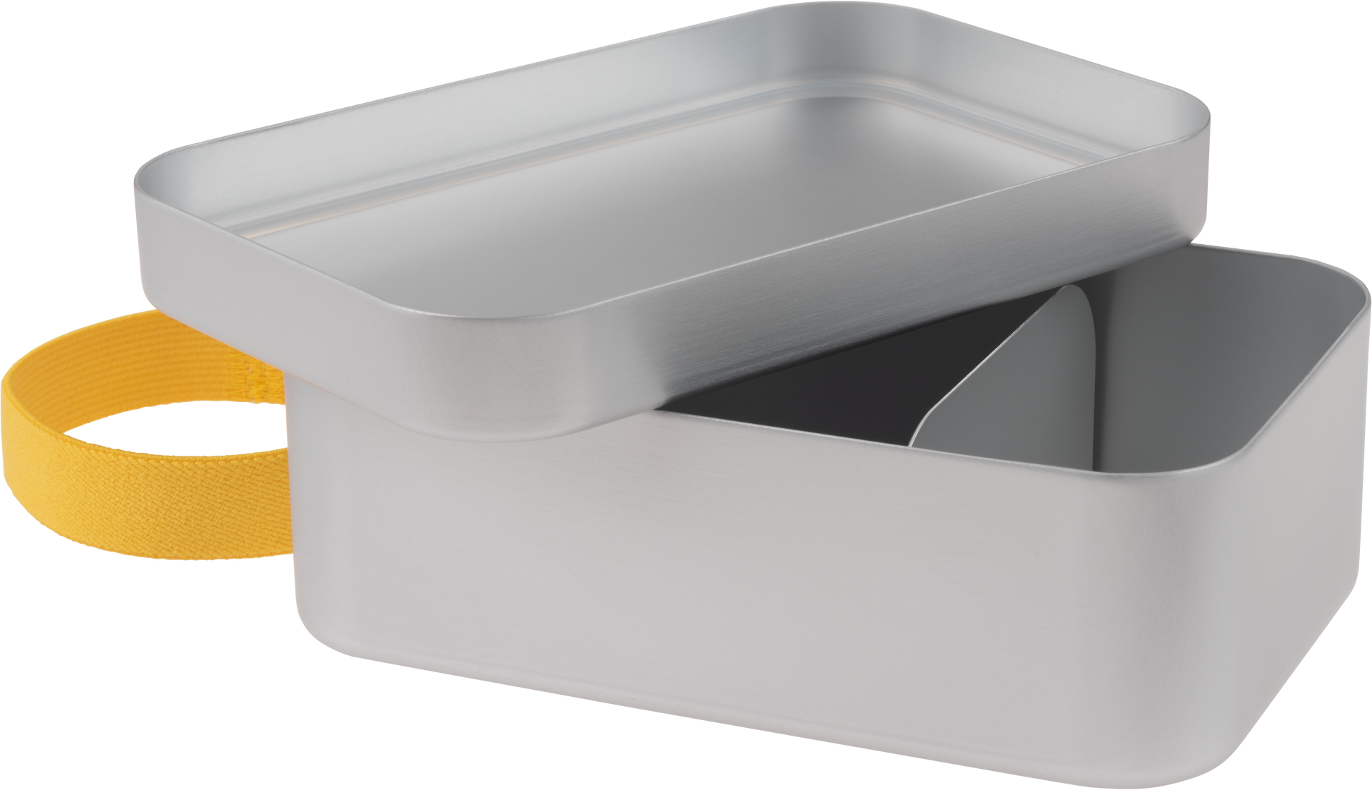 Gray storage box with a yellow handle on a white background