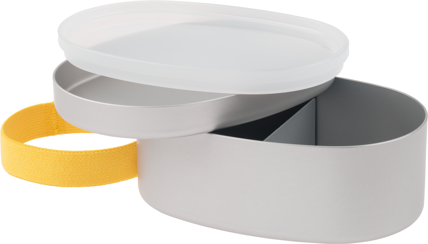 Gray cylindrical container with a white lid and yellow band on a white background