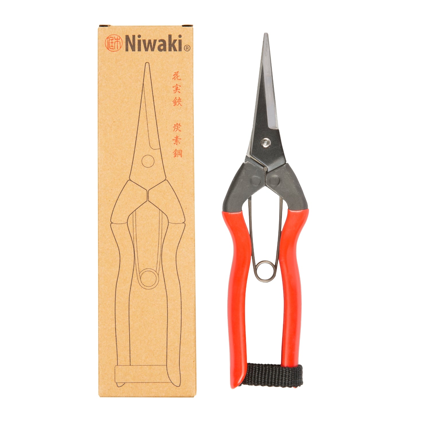 Gardening shears with red handles next to a cardboard box featuring the Niwaki logo.