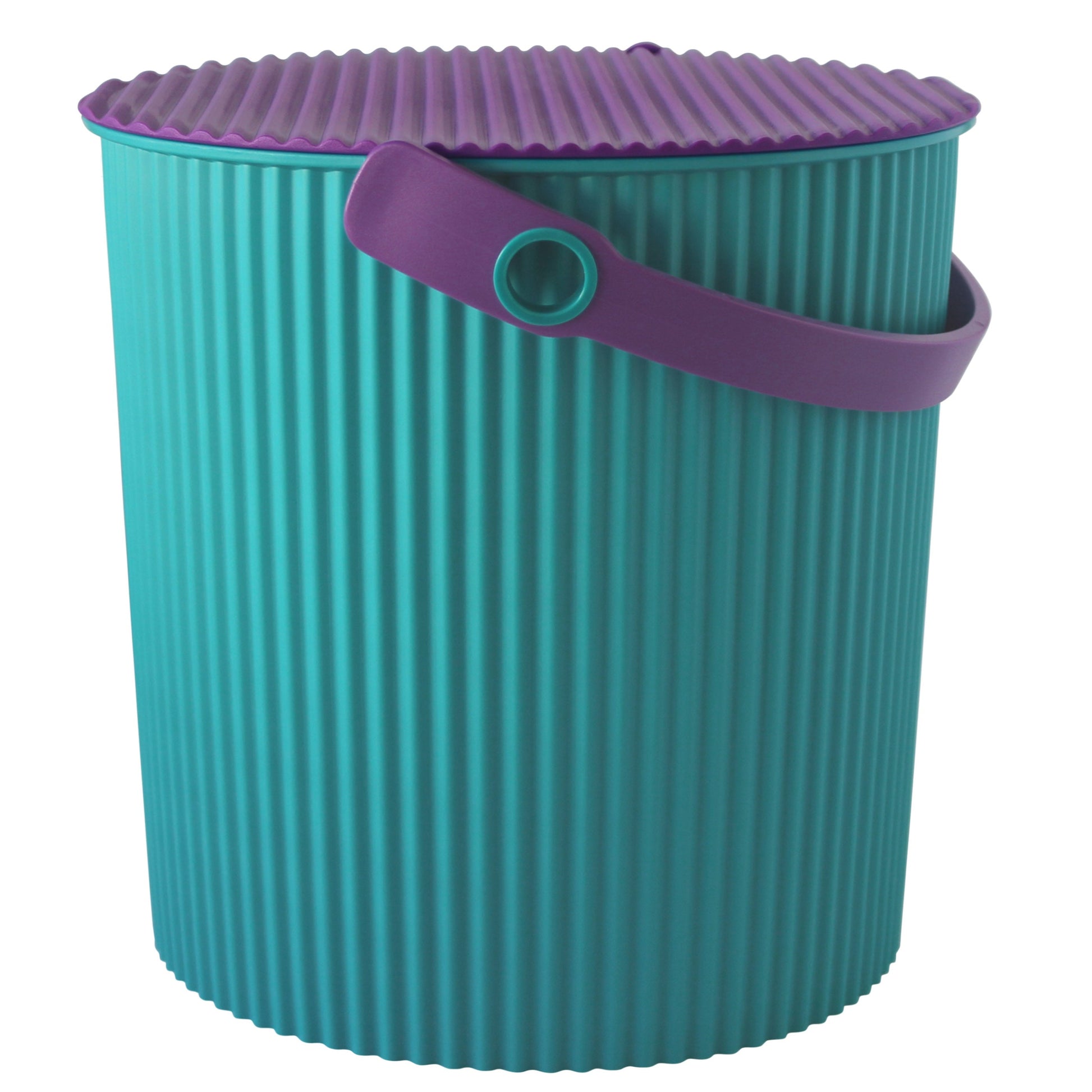 Teal laundry basket with purple handle on a white background
