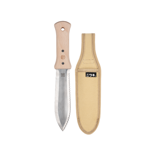 A stainless steel Niwaki S-Type Hori Hori knife with a beech wood handle, accompanied by a beige canvas sheath.