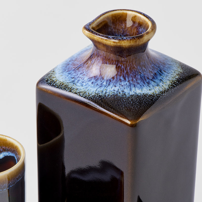 Dark brown with blue line jug & 4 cups boxed sake set