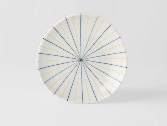 White with blue & yellow converging lines small plate 12cm