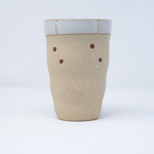 Sushi mug ridged bisque with white lines & red dots 13cm