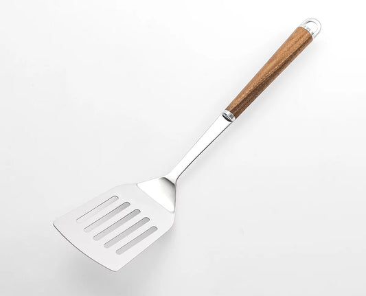 A stainless steel spatula with a walnut handle, isolated on a white background.