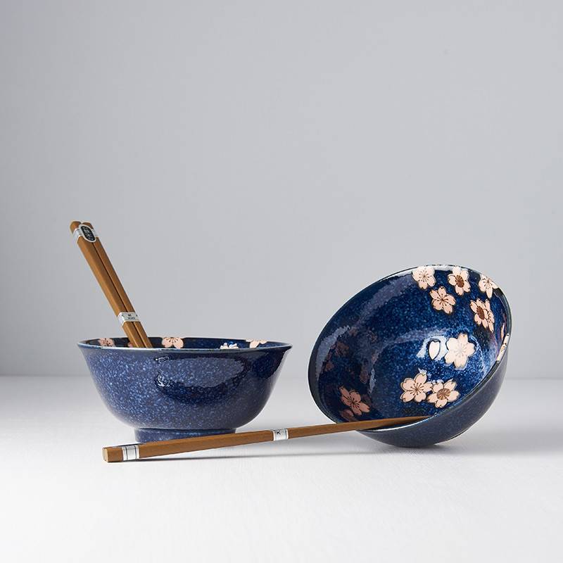 Navy blue with pink sakura 2 piece boxed bowl set 15cm