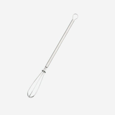 A stainless steel mini whisk with a looped handle, 2cm in width and 19.5cm in height.